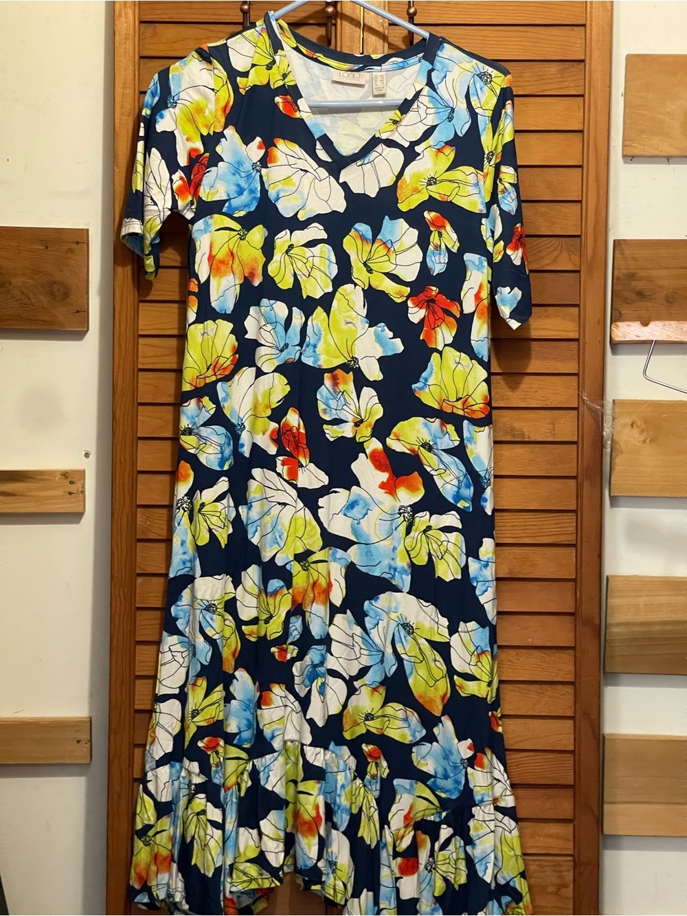 LOGO by Lori Goldstein Navy Floral V-Neck Maxi Dress
